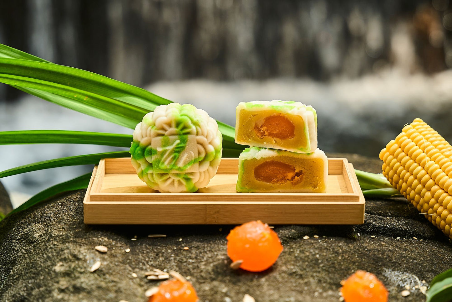 Pandan with Single Yolk & Sweet Corn Paste